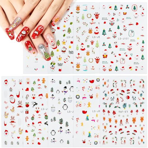 Nagelsticker Weihnachten, 9PCS Nail Art Sticker Weihnachten, Nagelaufkleber Selbstklebend Weihnachtens, Nagelsticker Silvester Winter Weihnachtsnagelaufkleber, für DIY Nagel Kunst Dekoration (E)