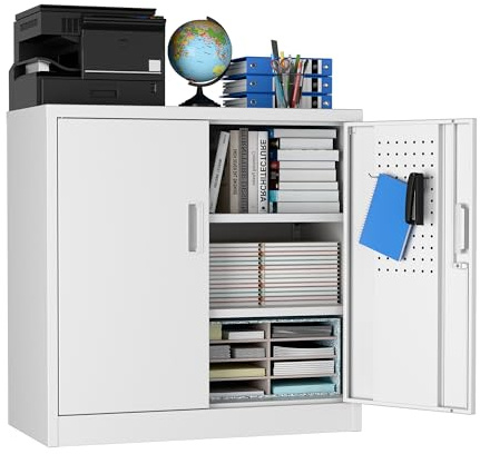LOCENHU Armoire en métal avec plaque perforée et crochets, 80 cm de haut, 2 étagères réglables, convient pour la maison, le bureau, le garage, l'école, à monter soi-même, blanc