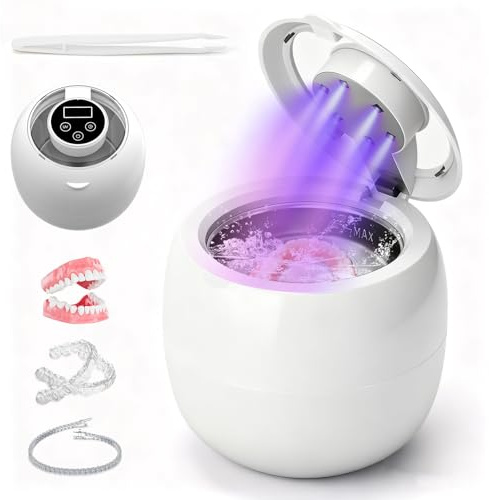 LONGYI Pulitore Ultrasuoni Apparecchio Denti, Pulitore ad Ultrasuoni 45KHZ Dental Pod con 6 Lampade UV, Batteria integrata, 4 Impostazioni del Timer, Pulitore ad Ultrasuoni per Protesi Dentarie