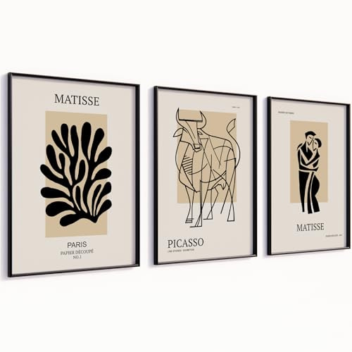 MJ-GRAPHICS® Matisse Poster Picasso Beige Bilder mit Rahmen A4 3er Bilder Set Wandbilder Wohnzimmer Kunstdrucke Deko Schlafzimmer Kunstdrucke & Skulpturen Wandbilder mit Rahmen