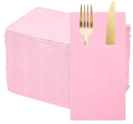 QUARKZMAN 50 Pcs Servilletas Desechables De Lino Servilletas Rosa Claro | De Papel Para Cuchillos Y Tenedores, Toallas De Mano Para Bodas Y Fiestas, Con Bolsillos Incorporados Para Cubiertos