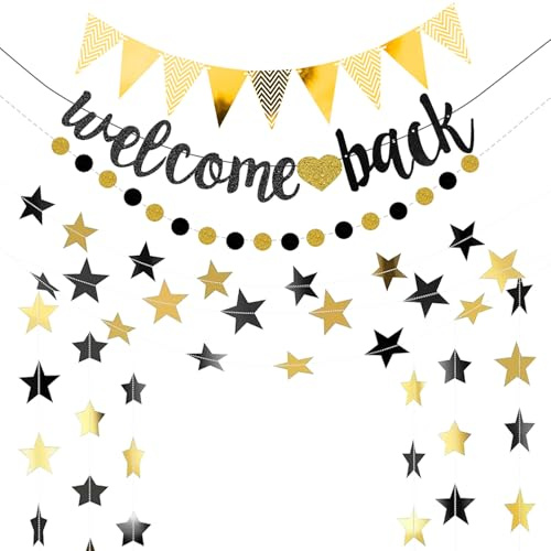 Welcome Back Deko Willkommen Zuhause Girlande Schwarz Gold mit Banner Wimpelkette Papiergirlande Welcome Home Partydeko für Familie Party Einweihungs Party Einzug Schule (1, Welcome Back)