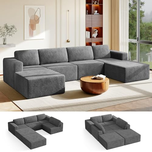 Vesgantti Modulares Cord-Ecksofa in Grau, 404 cm U-Form mit beweglicher Ottomane, Federkern und extra tiefer Sitzfläche, Flexibles 4-Sitzer Design für große Wohnzimmer, kein Aufbau nötig