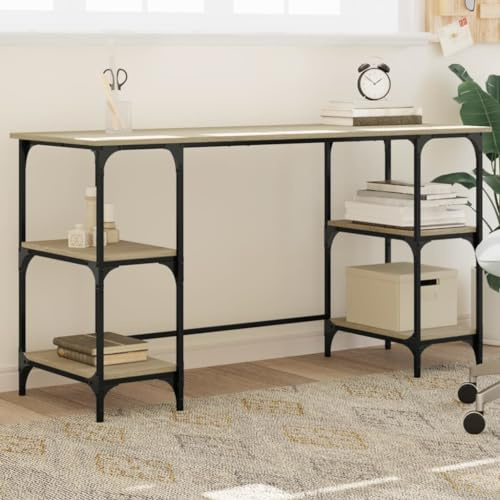 Owoxanthellate Computer Desk 140x50 cm Sonoma Oak Wood & Metal Frame, Adjustable Shelves Office Workstation for Small Gaming Set-up, Home Office Study Table in Living Room Bedroom