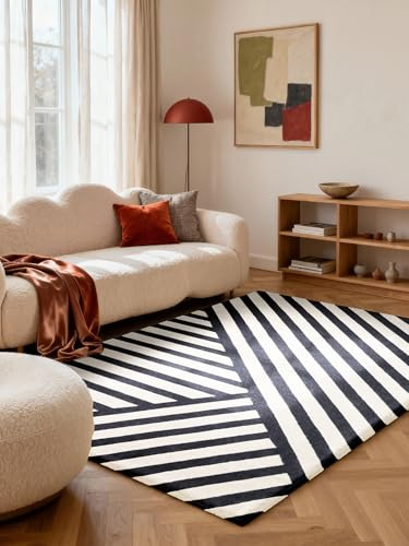 Elle Decoration Wollteppich Noir - Geometrisch, gestreifter Wohnzimmerteppich, 100% Wolle, Handgewebt & Natürlich, Moderner Naturfaser Teppich für Wohnzimmer, Schlafzimmer – Schwarz Weiß, 120x180 cm