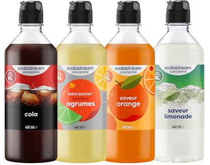 Sodastream Pack Découverte - Concentrés Cola, Agrumes Sans Sucres, Limonade et Orange pour Machine à Eau Pétillante et Soda | Préparez jusqu'à 9 litres de Soda en Quelques Secondes, 4 x 440ml