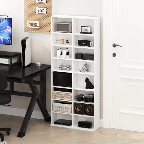 Furinno Jaya DVD Shelf, 16-Shelf Wide CD Rack, Media Shelf with Adjustable Shelves, 8 x 2 DVD Storage Cabinets for CD Blueray Game Disc, Easy Assembly, for Living Room, Home Office, Plain White