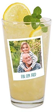 Herz & Heim® Trinkglas mit Foto Aufdruck im Polaroid Design mit Wunschtext