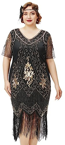 BABEYOND Plus Size 1920s Art Deco Fringed Sequin Dress Flapper Gatsby Costume Dress for Women