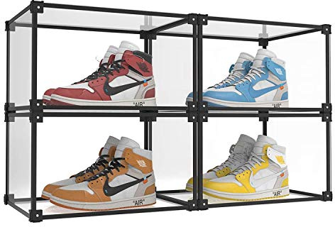 KOKOIN Magnetische Seite offene, transparente Kunststoff-Aufbewahrungsbox für Schuhe, Schuh-Vitrine, Sneaker, Schuh-Aufbewahrungsbox, Schuh-Behälter, durchsichtig, Schuh-Organizer (schwarz, 4 Stück)