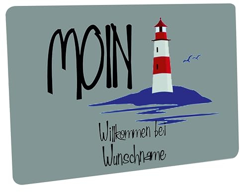 Crealuxe Fussmatte mit Wunschtext/Wunschname Moin - mit Leuchtturm farbig - 60x40 cm - Gummi Rückseite/rutschfest - Filzoberfläche - Bedruckte Türmatte - Innenmatte - Schmutzmatte