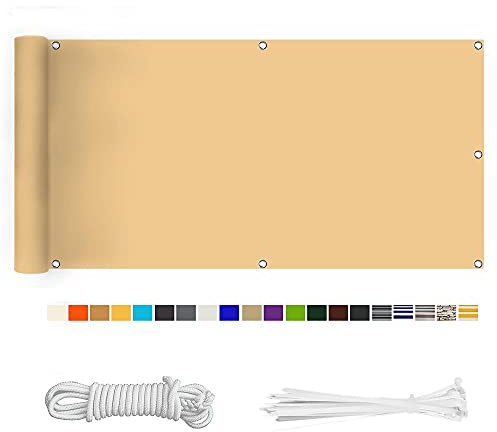 Balkon Sichtschutz, Balkonabdeckung 220 g/m² Innen Balkonverkleidung UV-Schutz (210Größen&21Farben) Ohne Bohren mit Ösen Kabelbinder und Kordel für Balkongeländer Terrasse,80X1000CM Strand Gelb