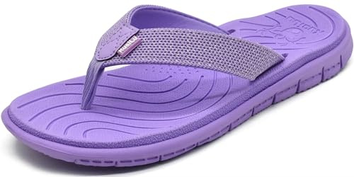 KuaiLu Flip Flops Women Leather Arch Support Summer Wide Fit Beach Pool Ladies Thong Sandals Yoga Memory Foam Cushion Slip On Shower Cloth Fabric Orthopedic Plantar Fasciitis Flipflops Purple 6