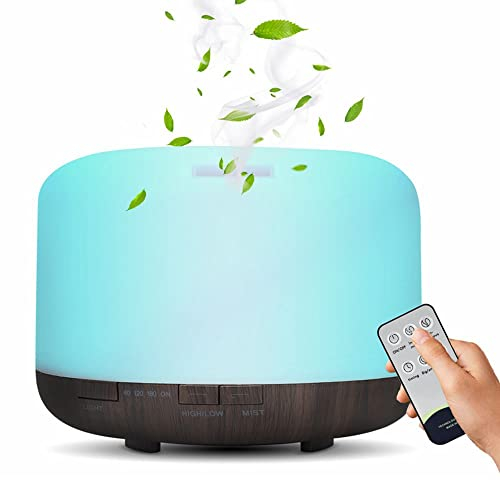 Gohytal Diffuseur Huiles Essentielles Noir, 500ML Ultrasonique Humidificateur Diffuseur Aromathérapie Electrique avec Télécommande et 7 Couleurs Lumières LED pour la Maison, Yoga, Bureau, SPA, Chambre