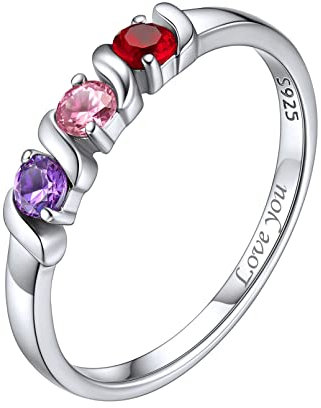 ChicSilver Personalisierter Ring mit 3 simulierten Geburtssteine Damen Mädchen Fingerring mit Wunschgravur DIY Ring in Größe 52 für Hochzeit Verlorbung Weihnachten