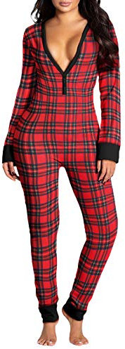 Saeevima Frauen Sexy Funktionaler Overall Strampler Butt Button Back Flap Bodysuit Langarm V-Ausschnitt Onesies Weihnachten Pyjama Nachtwäsche Einteiler Home Overalls Kleidung, Rote Plaids, 42, L