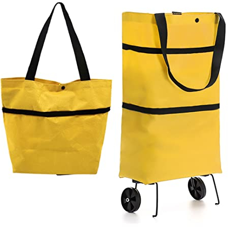 INHEMING Faltbare Trolley-Taschen, Einkaufstrolley Einkaufstasche mit Rollen,2 in 1 Klappbarer Einkaufswagen für Zuhause Supermarkt Strapazierfähige Tasche - Gelb