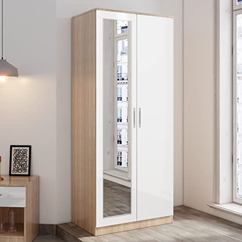 ELEGANT 2 Door Wardrobe with Hanging Rail and Full-length Mirror High Gloss Bedroom Furniture for Home Bedroom, 5 Colors Available
