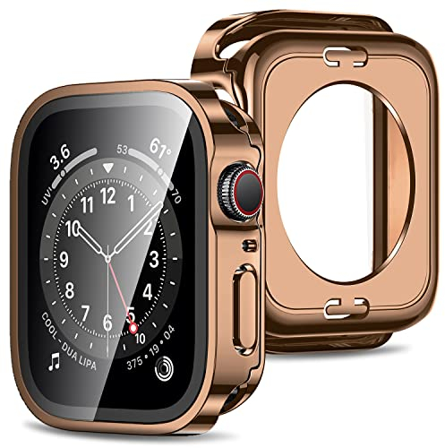 Amizee 2 en 1 Funda [2-Pièces] Compatible avec Apple Watch Series 6/5/4/SE 3 2 1 40mm con Protector de Pantalla Cristal Templado, PC Duro Anti-Rasguños Protección Carcasa para iWatch 40mm - Oro Rosa