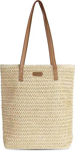 normani Damen Tragetasche aus Stroh - Sommerliche große Strandtasche Sommertasche Beach Bag mit Reißverschluss und 12 Liter Volumen 30x42x10 cm Farbe Natur