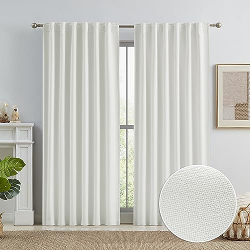 KEQIAOSUOCAI Natural Faux Linen Blackout Farmhouse Curtains for Bedroom Ecru Cream Ivory White Birch 84 Inches Long, Back Tab Hook Belt Pleated Boho Curtain Drapes Neutral 50x84 Inch 2 Panels Set