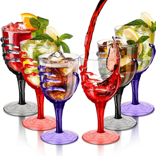 Yinkin 6 Pcs Halloween Skeleton Hand Plastic Goblets 8-10 oz Halloween Champagne Flutes Spooky Creepy Cups Stemless Skeleton Hand Clear Wine Glasses for Halloween Decorations Haunted House Party