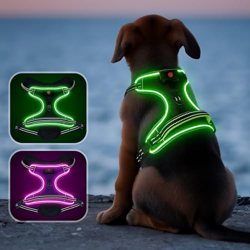 LumiGlo Wiederaufladbares LED-Hundegeschirr mit Griff, kein Ziehen, bequem, 4-Punkt-verstellbar, beleuchtete Hundeweste für kleine bis große Hunde