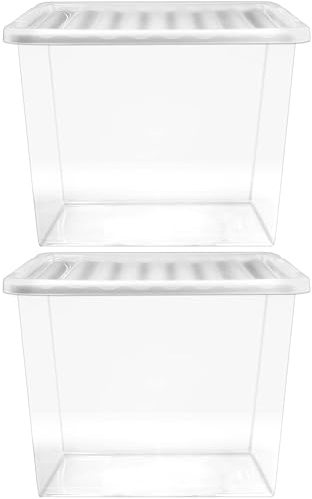 Muddy Hands Pack of 2-80 Litre Extra Large Clear Plastic Storage Boxes with Lids Home Office Stackable Containers - Length: 58.5cm - Width: 39cm - Height: 46cm