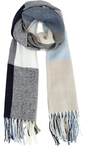 Miss Lulu Schal für Herren, kariert, Winter, warm, weich, Wolle, Schals mit Quaste, großes Schottenkaro, navy, L