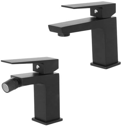 Set miscelatori lavabo e bidet nero opaco, in ottone con piletta di scarico click-clack inclusa, serie KUBO