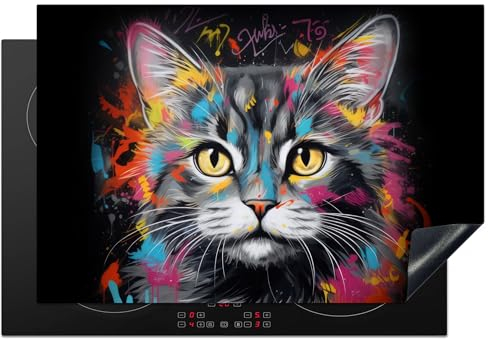 KitchenYeah© Herdabdeckplatte Induktion Schutzmatte Küche Herdabdeckung Ceranfeld Induktionsmatte Cerankochfeld Abdeckung Katze - Graffiti - Tiere - Farben - Grau - 78x52 cm