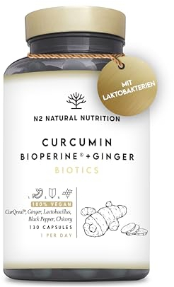 Curcuma con Piperina, Probiotici e Zenzero. 10,000 mg di Curcuma per Capsula (95% di Curcuminoidi). 4 Mesi. Potente azione Antinfiammatoria e Antiossidante. Formula brevettatai N2 Natural Nutrition
