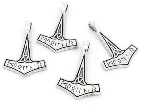Vintageparts Metal Pendant Thor's Hammer 37 mm in Antique Silver Colour Set of 4 Pendant for Necklaces Viking Amulet Men, Metal