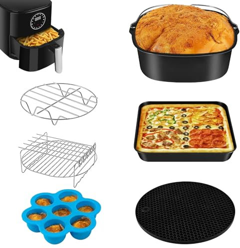 Square Air Fryer Accessories Set, 6 Pieces Including Square Cake Bucket/Square Pizza Pan/Metal Holder/Multi-Purpose Rack with Skewers/Silicone Mat,Fits All Brands Larger Than 5.5L