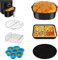 Lot d'accessoires pour friteuse 6 pièces, seau à gâteau carré/assiette à pizza carrée/support en métal/cadre polyvalent avec brochettes/tapis en silicone, convient à toutes les grandes marques