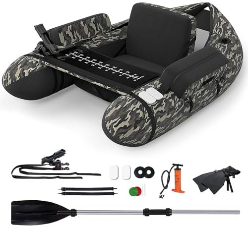 SPOTRAVEL Inflatable Fishing Float Tube, Fishing Boat with Pump, Adjustable Straps, Paddle, Rod Holder & Flippers, 150KG/330LBS Load Capacity Fly Fishing Belly Boat for Lake River (Camouflage)