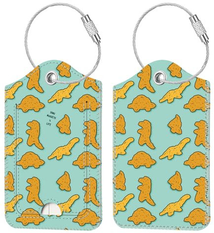 [2 Stück] Fintie Kofferanhänger mit Adressschild, Kunstleder Gepäckanhänger ID Etikett mit Edelstahl Drahtseil und Namenschild für Reisetasche Koffer, Dino Nuggets