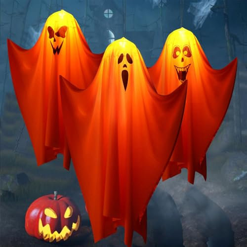 3 Stück Halloween Hängende Geister Mit LED Lichtern, Anhänger, Deko Outdoor für Vorgarten, Terrasse, Rasen, Garten, Partydekor