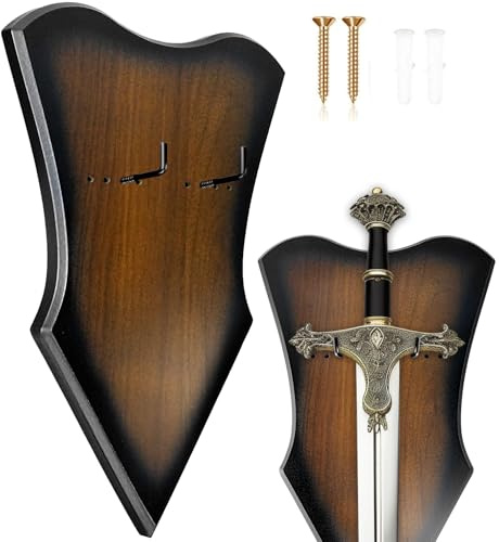 FLURSAILE Sword Plaque Wall Mount Vertical Display Holder Adjustable Stand for Bow Medieval Dagger Axe (1pcs Large Brown)