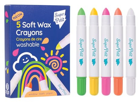 Superpetit Wachsmalstifte, Neonfarben, super weich und waschbar, für verschiedene Oberflächen, Glas, Spiegel, Badewannen und Papier, leicht zu reinigen – wiederverwendbar – ab 3 Jahren