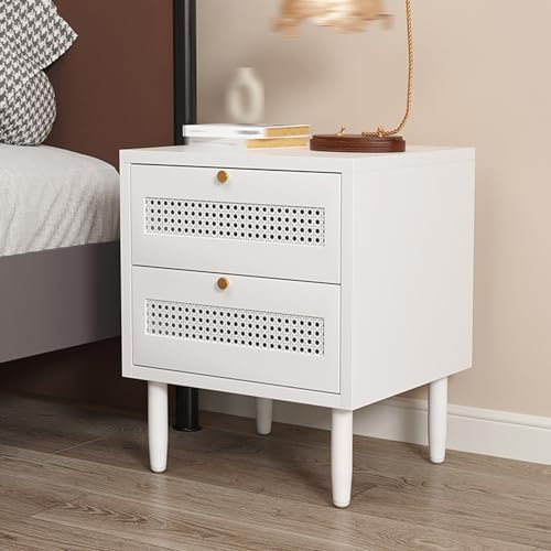 HXZJUIKL Nachttisch im Retro-Stil im chinesischen Stil, Rattan-Nachttisch, vielseitiger Beistellschrank mit Schubladen, Seitlicher Nachttisch, Beine mit Kunststoffmatten, Schlafzimmermöbel