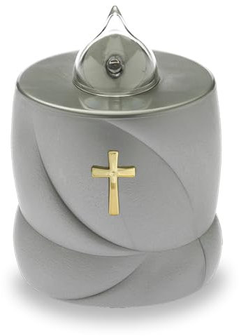 AROBA LED Grabkerze Trauerlicht - Flackereffekt wie echte Kerze - lange Brenndauer bis 200 Tage - wiederverwendbar Friedhofskerze Gedenkkerze Dauerkerze - silber Heiliges Kreuz