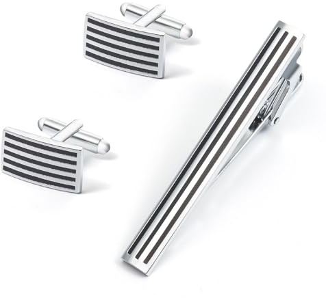 Pince Cravate Homme Pince A Cravate Argent Noir Plaqué Argent Rayure Rectangulaire 20 x 10.5cm pour Oncle Père Saint-Valentin Commercial