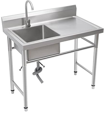 HuKaiL Freistehende Edelstahl Spültisch, Küchenspüle Spülenschrank mit 360° Armatur, Gewerbliche Spülbecken Komplettspüle mit 200kg Tragkraft für Küche, Wäsche, Garage, 100 * 60 * 93cm