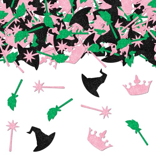 200Pcs Witch Table Confetti, Pink Green Witch Theme Birthday Decorations Crown Magic Hat Broom Paper Scatter Let's Have A Wicked Time Decor for Birthday Bachelorette Party Supplies