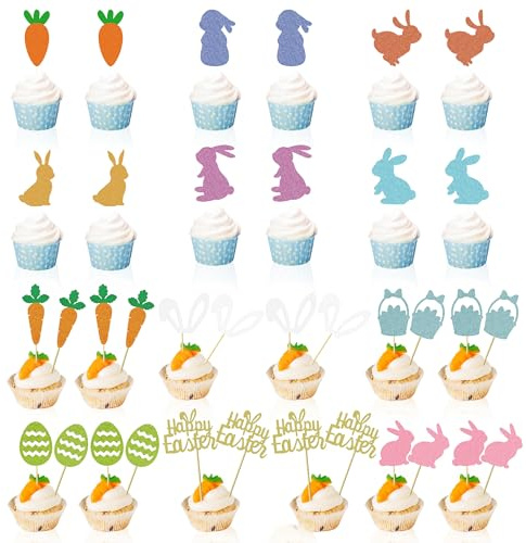 36 Stück Ostern Cupcake Topper, Glitzer Ostern Kuchen Deko Ostern Tortendeko, Hase Möhren Muffin Deko Hase Cupcake Deko Osterei Tortenaufleger für Ostern Theme Party Cake Dekorationen