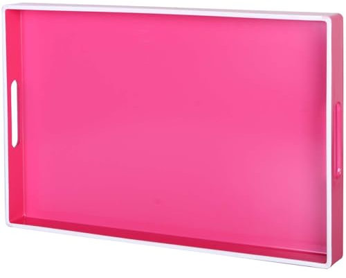 Simmer Stone Decorative Tray, Rectangle Plastic with Handles, Modern Vanity and Serving for Ottoman, Coffee table, Kitchen and Bathroom, 15.6 x 10.2 x 1.5 (White border rose red)
