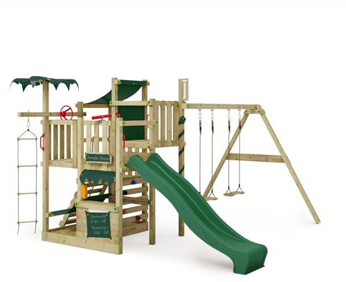 FATMOOSE Spielturm Klettergerüst CrazyCoconut Club XXL mit Schaukelanbau, grüner Rutsche & Plane, Outdoor Kinder Kletterturm mit Sandkasten, Leiter & Spiel-Zubehör für den Garten