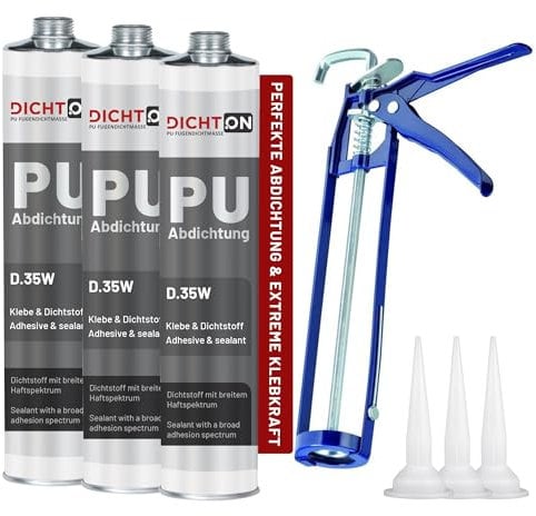 PU Abdichtung Klebstoff 3x300g + Kartuschenpistole - Dichtstoff grau UV-stabil & lösemittelfrei - 1K Polyurethan Fugenabdichtung elastisch, für Beton Fliesen Metall Glas Kunststoff © DICHTON D.35W