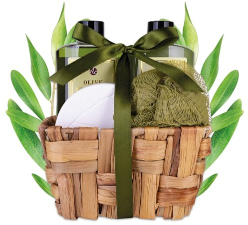 Accentra - Badeset Geschenkset für Frauen OLIVE in Körbchen aus Seegras, Duschset Geschenk mit Duschgel, Schaumbad, Badebombe und Netzschwamm, 4-Teiliges Wellness Set für Damen & Mädchen